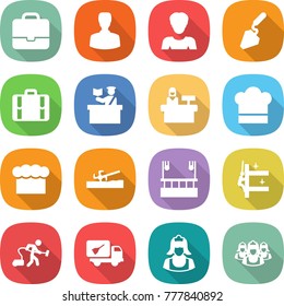 flat vector icon set - portfolio vector, man, woman, construction, suitcase, inspector, reception, cook hat, chief, soil cutter, skysrcapers cleaning, skyscrapers, vacuum cleaner, home call