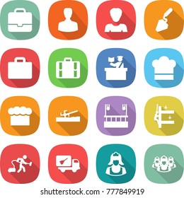 flat vector icon set - portfolio vector, man, woman, construction, suitcase, inspector, cook hat, chief, soil cutter, skysrcapers cleaning, skyscrapers, vacuum cleaner, home call, outsource
