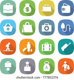 flat vector icon set - portfolio vector, money bag, shopping, wallet, add to basket, doctor case, dropper, tourist, passenger, suitcase, baggage get, fertilizer, trash