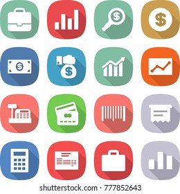 flat vector icon set - portfolio vector, graph, dollar magnifier, money, gift, diagram, statistics, cashbox, credit card, bar code, atm receipt, calculator, invoice, suitcase, chart