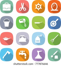 flat vector icon set - portfolio vector, scissors, handwheel, mirror, bucket, mixer, pan, kettle, hand mill, fork, axe, water tap, plunger, toilet brush