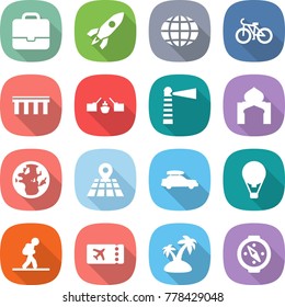 flat vector icon set - portfolio vector, rocket, globe, bike, bridge, drawbridge, lighthouse, minaret, map, car baggage, air ballon, tourist, ticket, island, compass