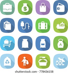 flat vector icon set - portfolio vector, money bag, shopping, wallet, dropper, suitcase, baggage checking, trolley, flour, fertilizer, garbage, trash, washing powder, construct