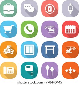 flat vector icon set - portfolio vector, discussion, battery charge, smart watch, cart, phone, ambulance helicopter, calendar, modern architecture, power switch, stool, office, mixer, trees