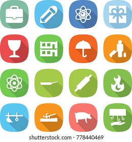 flat vector icon set - portfolio vector, pencil, atom, gift, wineglass, modular house, dry cargo, passenger, pan, rolling pin, fire, plow, soil cutter, pig, hand dryer