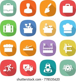flat vector icon set - portfolio vector, man, construction, suitcase, inspector, reception, cook hat, chief, soil cutter, skysrcapers cleaning, skyscrapers, vacuum cleaner, home call, outsource