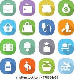 flat vector icon set - portfolio vector, wallet, purse, money bag, add to basket, shopping, dropper, passenger, suitcase, baggage get, trolley, flour, trash, washing powder, construct garbage