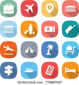 flat vector icon set - portfolio vector, plane, dollar pin, airport building, passenger, ticket, suitcase, arrival, tent, palm, baggage trolley, signpost, yacht, inflatable mattress, bed