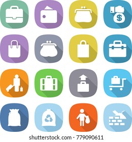 flat vector icon set - portfolio vector, wallet, purse, money gift, shopping bag, doctor, passenger, suitcase, baggage, trolley, flour, garbage, trash, construct