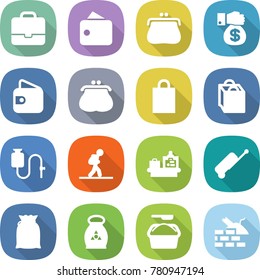 flat vector icon set - portfolio vector, wallet, purse, money gift, shopping bag, dropper, tourist, baggage checking, suitcase, flour, fertilizer, washing powder, construct garbage