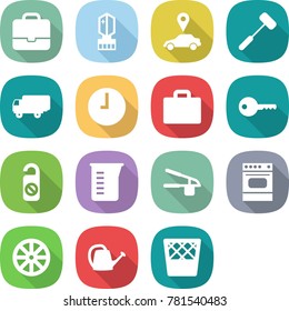 flat vector icon set - portfolio vector, crystall memory, car pointer, doctors hammer, shipping, clock, suitcase, key, do not distrub, measuring cup, garlic clasp, oven, wheel, watering can