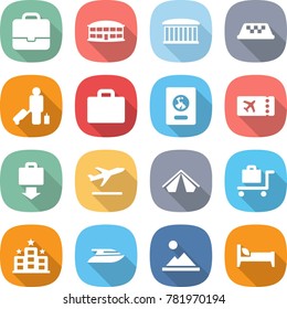 flat vector icon set - portfolio vector, airport building, taxi, passenger, suitcase, passport, ticket, baggage get, departure, tent, trolley, hotel, yacht, landscape, bed