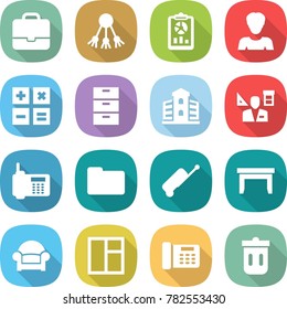 flat vector icon set - portfolio vector, share, report, woman, calculator, archive, building, architector, phone, documents, suitcase, table, armchair, window, office, trash bin
