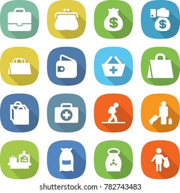 flat vector icon set - portfolio vector, purse, money bag, gift, shopping, wallet, add to basket, doctor case, tourist, passenger, baggage checking, flour, fertilizer, trash