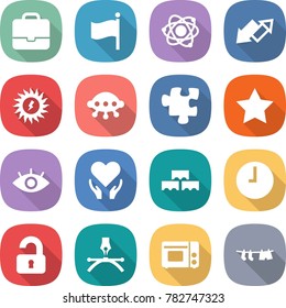 flat vector icon set - portfolio vector, flag, atom, up down arrow, sun power, ufo, puzzle, star, eye, health care, block wall, clock, unlocked, drawing pen, grill oven, drying clothes