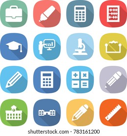 flat vector icon set - portfolio vector, marker, calculator, abacus, graduate hat, presentation, microscope, electrostatic, pencil, university, school, ruler