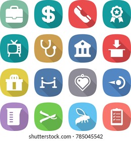 flat vector icon set - portfolio vector, dollar, phone, medal, tv, stethoscope, library, package, hi quality, vip fence, heart pendant, photon, measuring cup, pruner, wasp, clipboard list