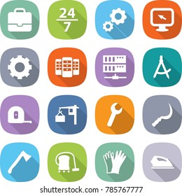 flat vector icon set - portfolio vector, 24 7, gear, monitor arrow, server, draw compass, measuring tape, loading, wrench, sickle, axe, vacuum cleaner, gloves, iron