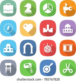 flat vector icon set - portfolio vector, chess horse, diagram, satellite, lightning, heart, castle, cottage, mansion, arch, disco ball, wardrobe, chair, mixer, pan, scissors