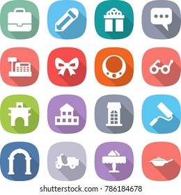 flat vector icon set - portfolio vector, pencil, gift, message, cashbox, bow, necklace, pacemaker, arch, cottage, building, repair, scooter shipping, restaurant, pan