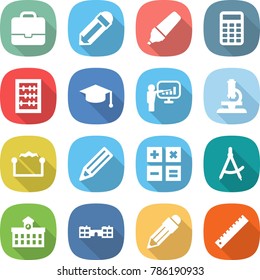 flat vector icon set - portfolio vector, pencil, marker, calculator, abacus, graduate hat, presentation, microscope, electrostatic, draw compass, university, school, ruler