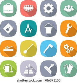 flat vector icon set - portfolio vector, team, gear, group, under construction, draw compass, bucket, wrench, soil cutter, shovel, axe, gears, vacuum cleaner, clean floor, scraper, gloves