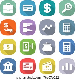 flat vector icon set - portfolio vector, card, dollar, magnifier, investment, diagram, graph, calculator, receipt, mobile pay, purse, library, invoice, credit, chart