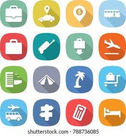 flat vector icon set - portfolio vector, car pointer, dollar pin, bus, suitcase, baggage get, arrival, hotel, tent, palm, trolley, transfer, signpost, inflatable mattress, bed