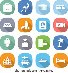 flat vector icon set - portfolio vector, greate wall, airport building, bus, taxi, passenger, passport, ticket, baggage get, hotel, palm, transfer, yacht, bed