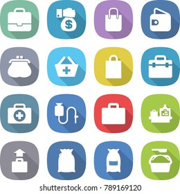 flat vector icon set - portfolio vector, money gift, shopping bag, wallet, purse, add to basket, doctor, case, dropper, suitcase, baggage checking, flour, washing powder