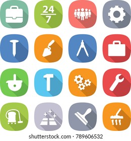 flat vector icon set - portfolio vector, 24 7, team, gear, nail, construction, drawing compasses, suitcase, ladle, hammer, gears, wrench, vacuum cleaner, clean floor, scraper