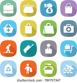 flat vector icon set - portfolio vector, purse, money gift, shopping bag, add to basket, doctor case, tourist, suitcase, baggage, trolley, garbage, trash, washing powder, construct