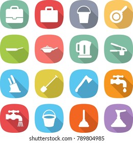 flat vector icon set - portfolio vector, suitcase, bucket, pan, kettle, garlic clasp, knife holder, shovel, axe, water tap, plunger