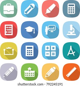 flat vector icon set - portfolio vector, pencil, marker, calculator, abacus, graduate hat, presentation, microscope, electrostatic, draw compass, university, ruler