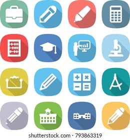flat vector icon set - portfolio vector, pencil, marker, calculator, abacus, graduate hat, presentation, microscope, electrostatic, draw compass, university, school