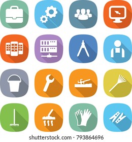 flat vector icon set - portfolio vector, gear, group, monitor arrow, server, drawing compasses, workman, bucket, wrench, soil cutter, rake, vacuum cleaner, gloves, clothespin