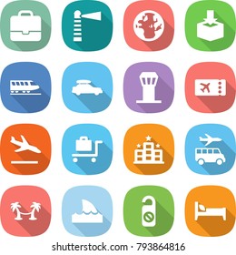 flat vector icon set - portfolio vector, lighthouse, globe, package, train, car baggage, airport tower, ticket, arrival, trolley, hotel, transfer, palm hammock, shark flipper, do not distrub, bed