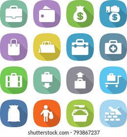 flat vector icon set - portfolio vector, wallet, money bag, gift, shopping, doctor, case, suitcase, baggage get, trolley, flour, trash, washing powder, construct garbage
