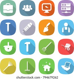 flat vector icon set - portfolio vector, group, monitor arrow, server, nail, pencil, construction, workman, ladle, hammer, fork, wheelbarrow, rake, house cleaning, floor washing