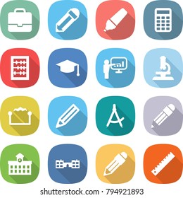 flat vector icon set - portfolio vector, pencil, marker, calculator, abacus, graduate hat, presentation, microscope, electrostatic, draw compass, university, school, ruler
