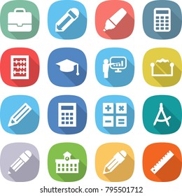 flat vector icon set - portfolio vector, pencil, marker, calculator, abacus, graduate hat, presentation, electrostatic, draw compass, university, ruler