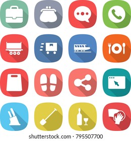 flat vector icon set - portfolio vector, purse, balloon, phone, truck shipping, fast deliver, train, cafe, cutting board, slippers, share, browser window, knife holder, shovel, wine, wiping