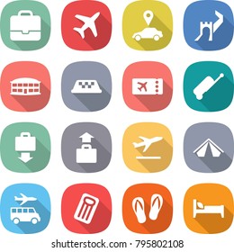 flat vector icon set - portfolio vector, plane, car pointer, greate wall, airport building, taxi, ticket, suitcase, baggage get, departure, tent, transfer, inflatable mattress, flip flops, bed