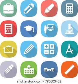 flat vector icon set - portfolio vector, pencil, marker, calculator, abacus, graduate hat, presentation, microscope, electrostatic, draw compass, university, school, ruler