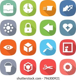 flat vector icon set - portfolio vector, clock, delivery, up down arrow, round around, lock, left, heart cross, eye, 3d, repair, flower in window, bucket, scissors, sun