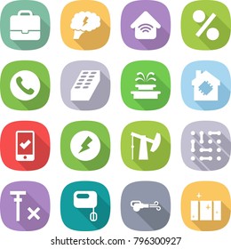 flat vector icon set - portfolio vector, brain, wireless home, percent, phone, brick, fountain, smart house, mobile checking, electricity, oil pump, circuit, no signal, mixer, blower, clean window