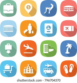 flat vector icon set - portfolio vector, dollar pin, greate wall, airport building, passenger, passport, ticket, baggage get, arrival, hotel, palm, trolley, transfer, flip flops
