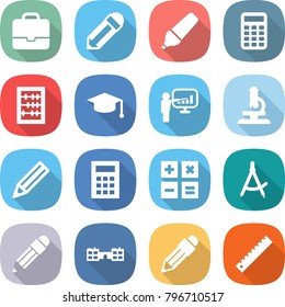 flat vector icon set - portfolio vector, pencil, marker, calculator, abacus, graduate hat, presentation, microscope, draw compass, school, ruler