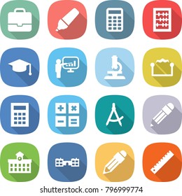 flat vector icon set - portfolio vector, marker, calculator, abacus, graduate hat, presentation, microscope, electrostatic, draw compass, pencil, university, school, ruler
