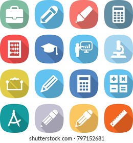 flat vector icon set - portfolio vector, pencil, marker, calculator, abacus, graduate hat, presentation, microscope, electrostatic, draw compass, ruler